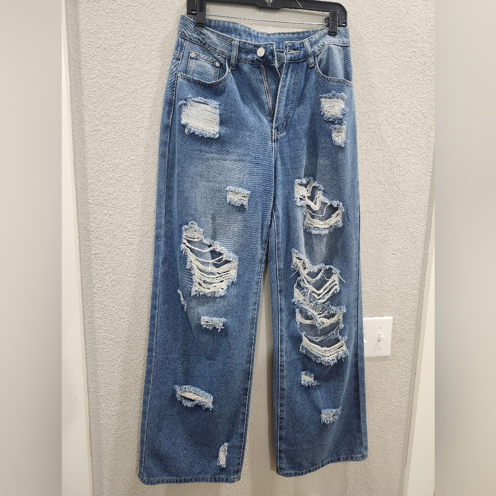 SHEIN Blue Distressed Wide Leg Jeans